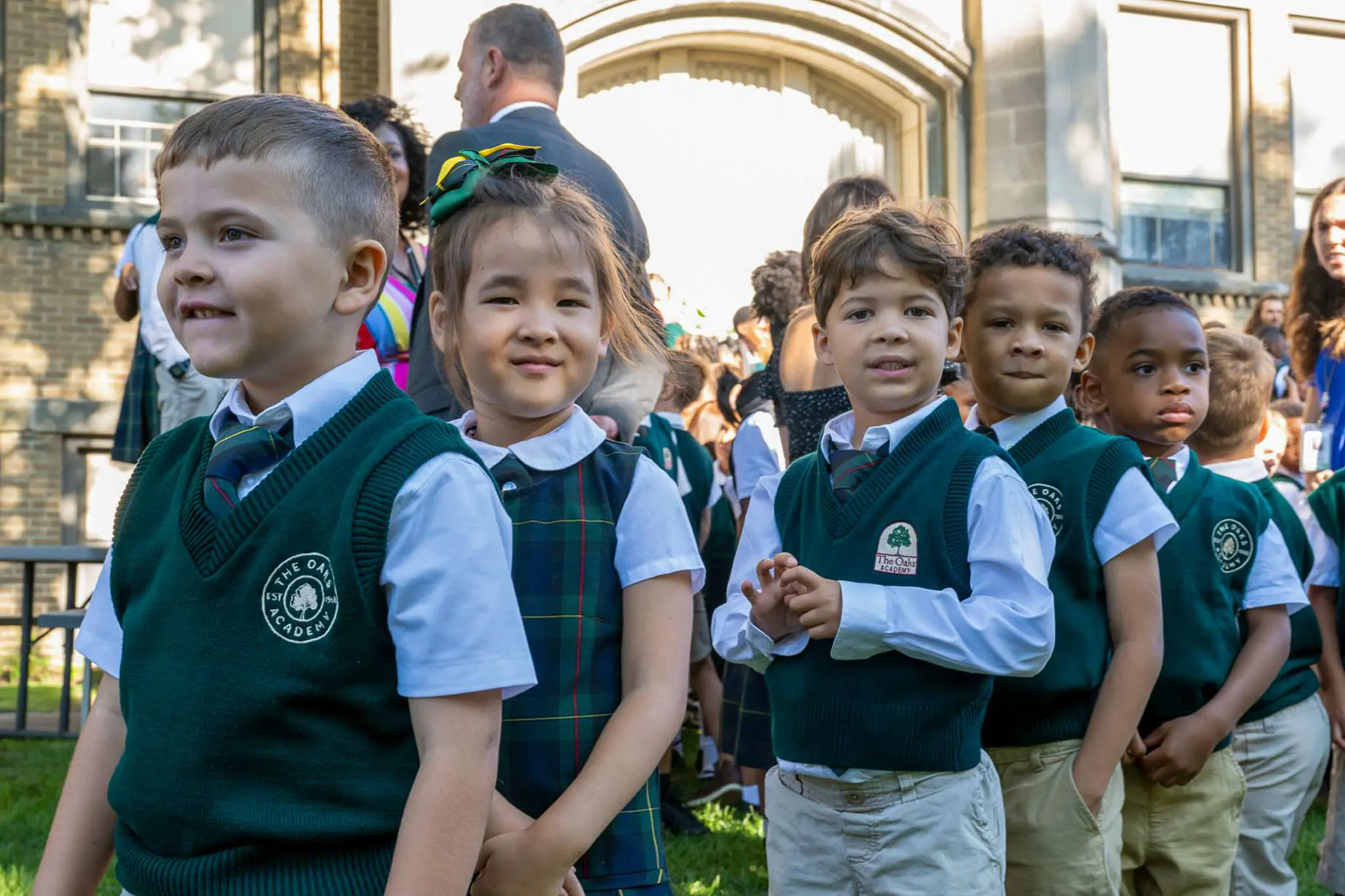 Kindergarten students on their first day of school at the Brookside Campus.