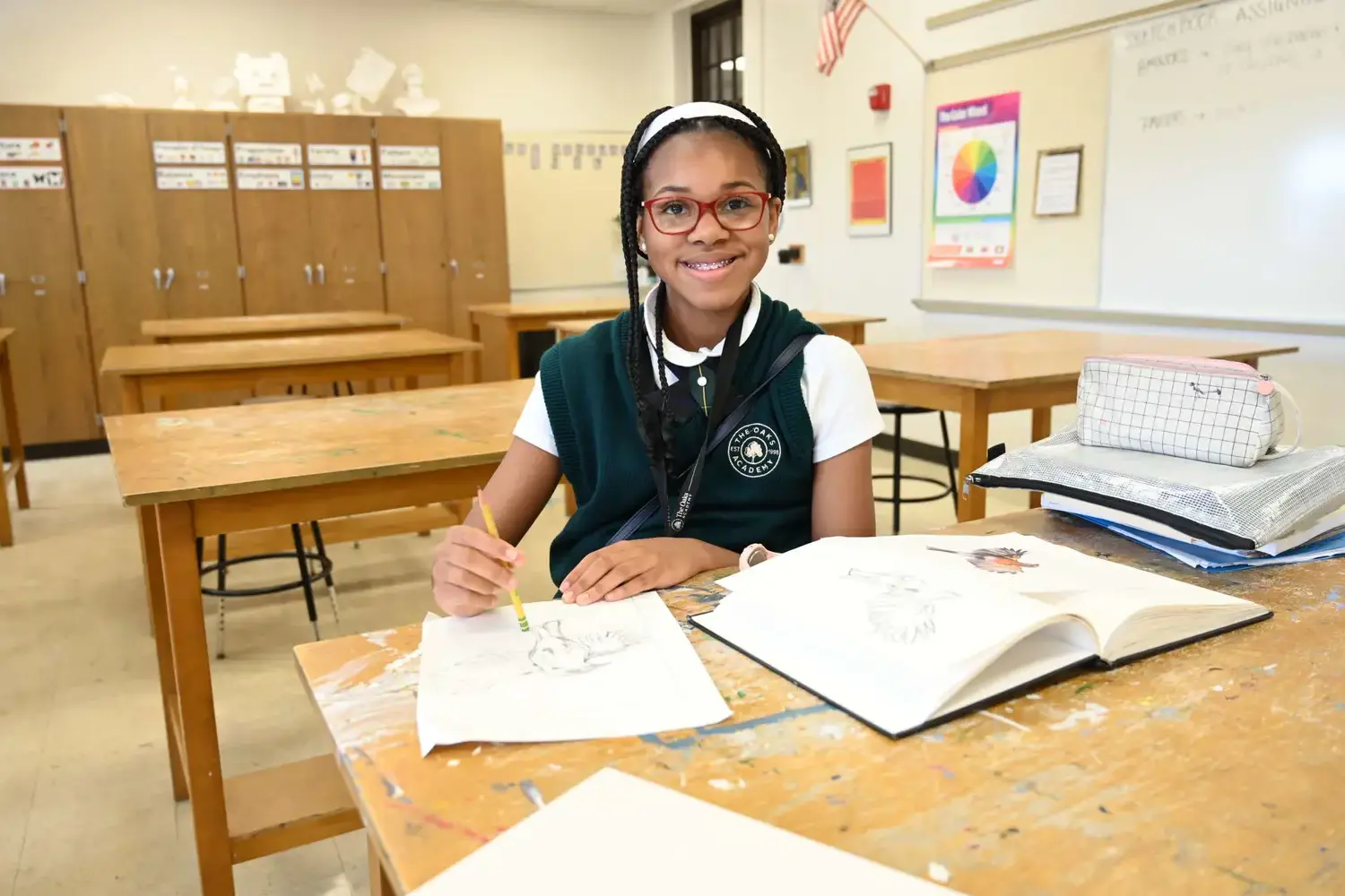 Middle school girl in art class.