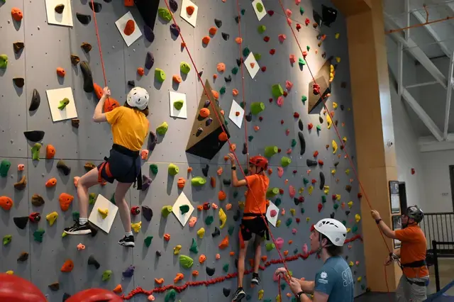 Students climbing a rock wall